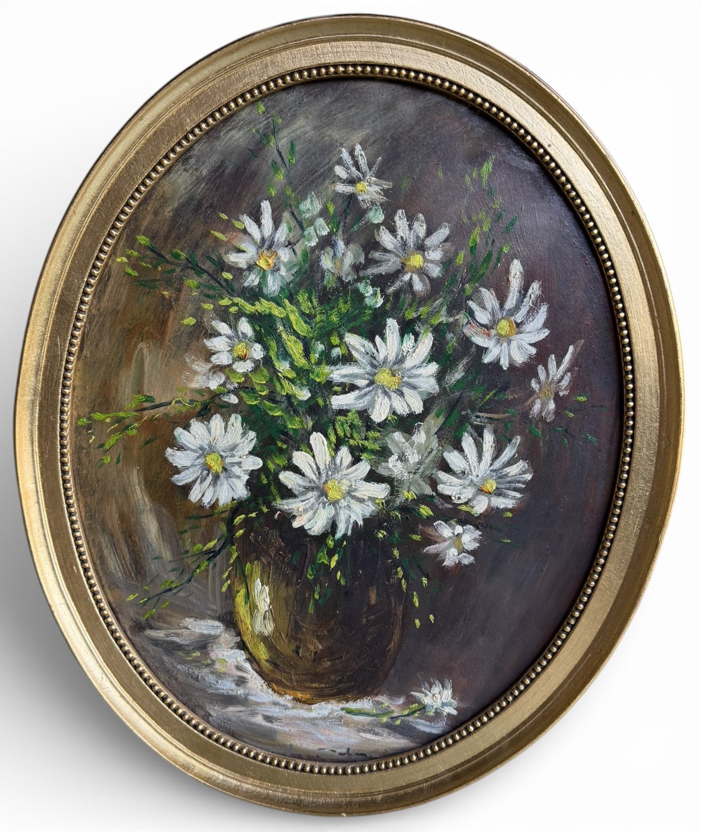 Vintage Floral Still Life Painting 1950s White Daisies Bouquet 